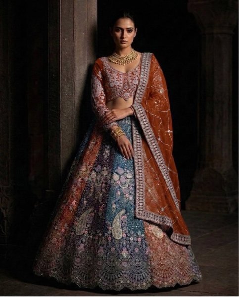 Exclusive Orange Women s Soft Butterfly Net Lehenga Choli with Heavy Sequins Embroidery Bridal Lehenga Choli