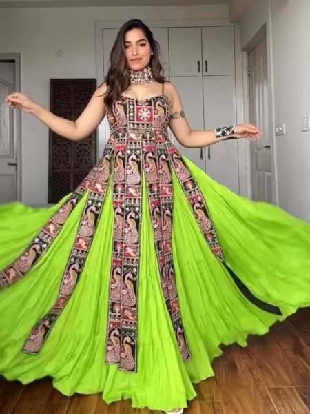 Ethnic Parrot Green Elegant Bangalore Silk Lehenga Set with Sequins Thread Work Design  Lehenga