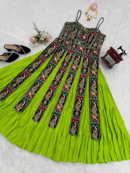 Ethnic Parrot Green Elegant Bangalore Silk Lehenga Set with Sequins Thread Work Design Navratri Lehnega Choli