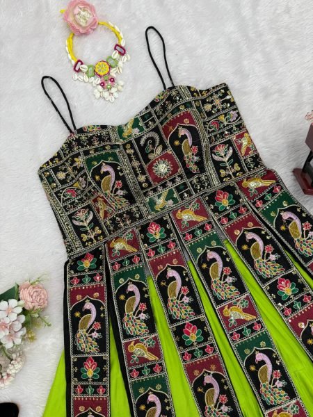 Ethnic Parrot Green Elegant Bangalore Silk Lehenga Set with Sequins Thread Work Design Navratri Lehnega Choli