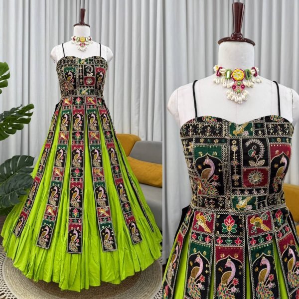 Ethnic Parrot Green Elegant Bangalore Silk Lehenga Set with Sequins Thread Work Design Navratri Lehnega Choli
