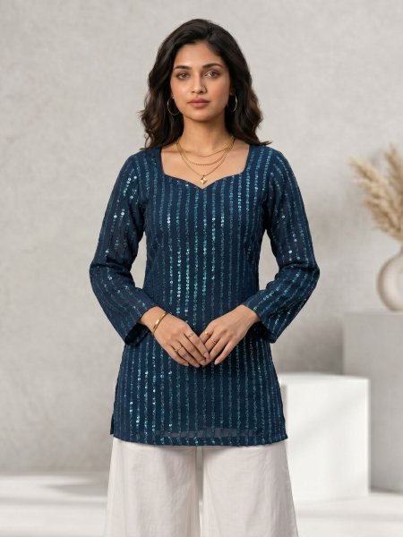 Ethnic Georgette Sequence Work Straight Cut Kurti With Beautiful Neck Pattern for daily wear Kurtis