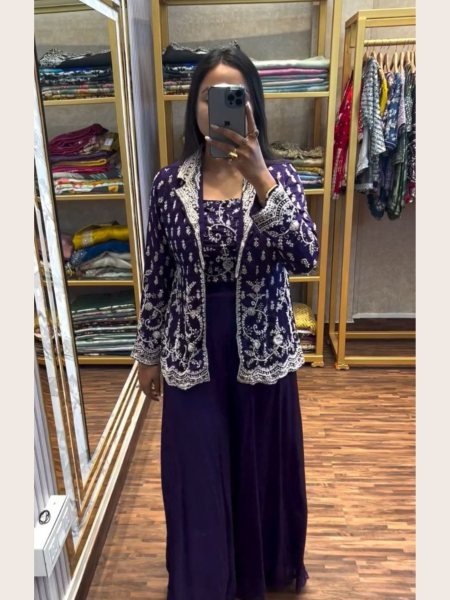 Ethnic Party Wear Sharara and Jacket Set Stylish Indo Fashion 3 Piece Suit for Women Heavy Embroidery   Ready to Wear Ready To Wear Suit