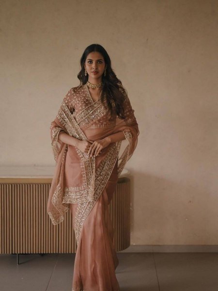 Ethnic Peach Women s Tibby Silk Saree with Intricate Embroidery on Saree and Blouse Designer Wedding Sarees Wholesale