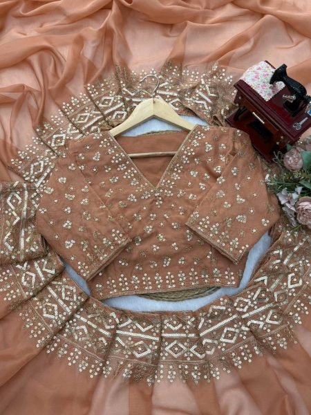 Ethnic Peach Women s Tibby Silk Saree with Intricate Embroidery on Saree and Blouse Silk Sarees Wholesale