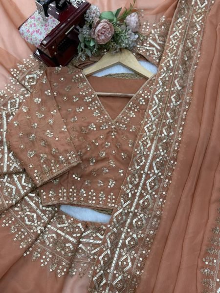 Ethnic Peach Women s Tibby Silk Saree with Intricate Embroidery on Saree and Blouse Silk Sarees Wholesale