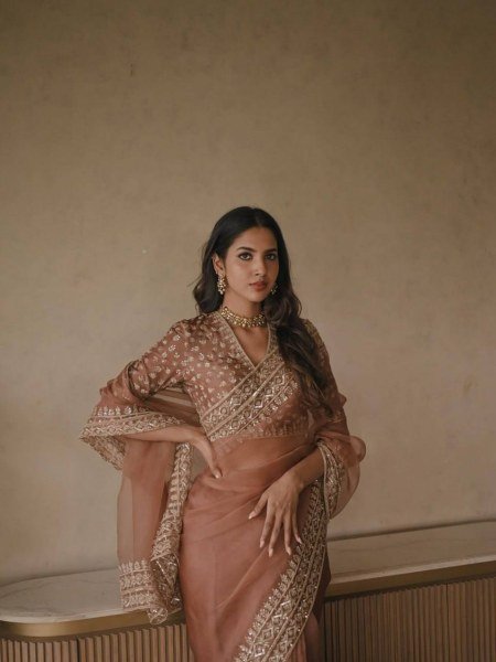 Ethnic Peach Women s Tibby Silk Saree with Intricate Embroidery on Saree and Blouse Silk Sarees Wholesale