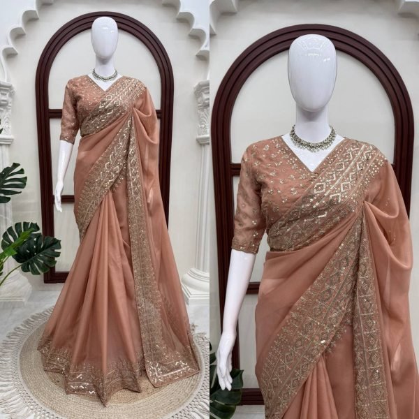 Ethnic Peach Women s Tibby Silk Saree with Intricate Embroidery on Saree and Blouse Silk Sarees Wholesale