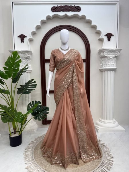Ethnic Peach Women s Tibby Silk Saree with Intricate Embroidery on Saree and Blouse Silk Sarees Wholesale