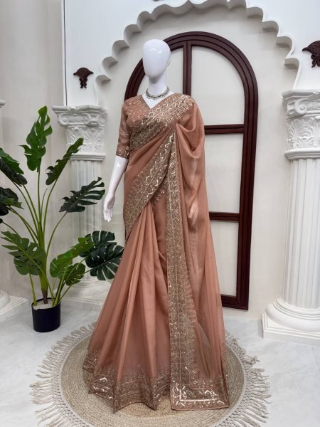Ethnic Peach Women s Tibby Silk Saree with Intricate Embroidery on Saree and Blouse Silk Sarees Wholesale