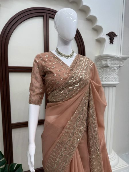 Ethnic Peach Women s Tibby Silk Saree with Intricate Embroidery on Saree and Blouse Silk Sarees Wholesale