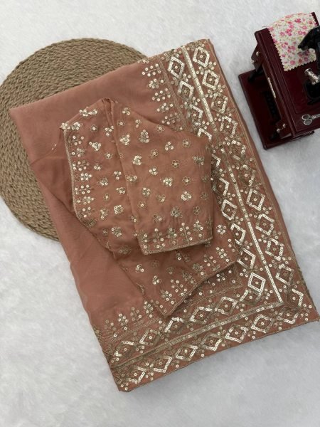 Ethnic Peach Women s Tibby Silk Saree with Intricate Embroidery on Saree and Blouse Silk Sarees Wholesale