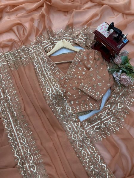 Ethnic Peach Women s Tibby Silk Saree with Intricate Embroidery on Saree and Blouse Silk Sarees Wholesale