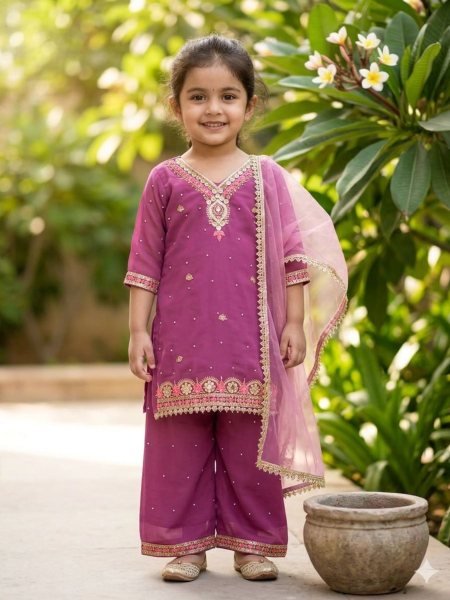 Ethnic Pink Girls Georgette Sharara Suit with Dupatta for Wedding Functions Kurtis