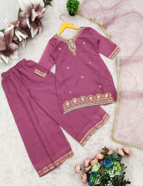 Ethnic Pink Girls Georgette Sharara Suit with Dupatta for Wedding Functions Girls Wear