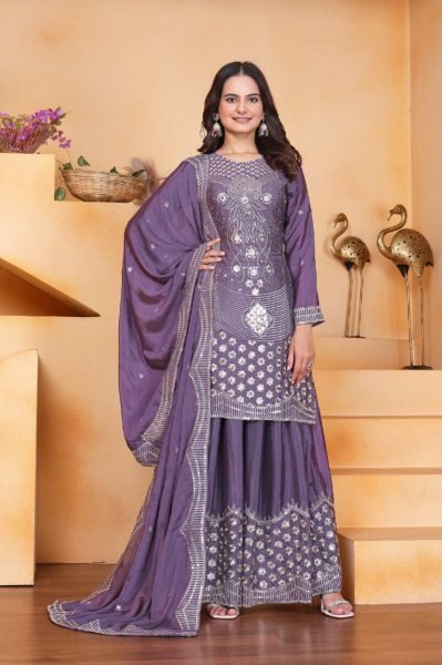 Ethnic Purple Chinon Sharara Set with Embroidery Work Wedding Outfit for Women Ready To Wear Collection