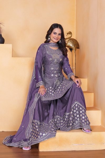 Ethnic Purple Chinon Sharara Set with Embroidery Work Wedding Outfit for Women Ready To Wear Collection