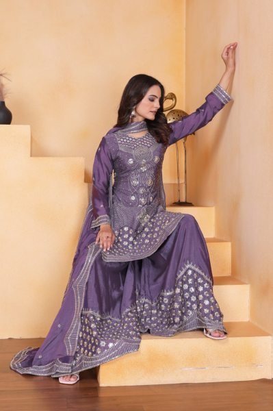 Ethnic Purple Chinon Sharara Set with Embroidery Work Wedding Outfit for Women Ready To Wear Collection