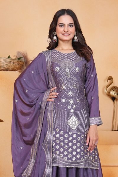 Ethnic Purple Chinon Sharara Set with Embroidery Work Wedding Outfit for Women Ready To Wear Collection