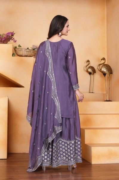 Ethnic Purple Chinon Sharara Set with Embroidery Work Wedding Outfit for Women Ready To Wear Collection