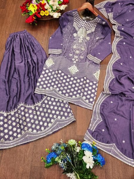 Ethnic Purple Chinon Sharara Set with Embroidery Work Wedding Outfit for Women Ready To Wear Collection