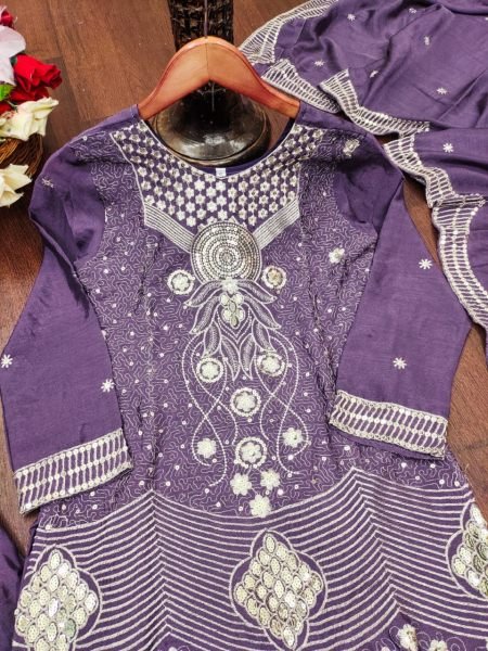 Ethnic Purple Chinon Sharara Set with Embroidery Work Wedding Outfit for Women Ready To Wear Collection