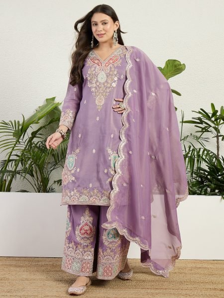 Ethnic Purple Organza Kurti Pant Dupatta Set with Elegant Embroidery Work Designer Plazzo Salwar Suits Wholesale