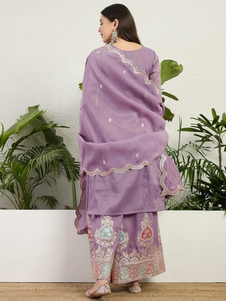 Ethnic Purple Organza Kurti Pant Dupatta Set with Elegant Embroidery Work Designer Plazzo Salwar Suits Wholesale