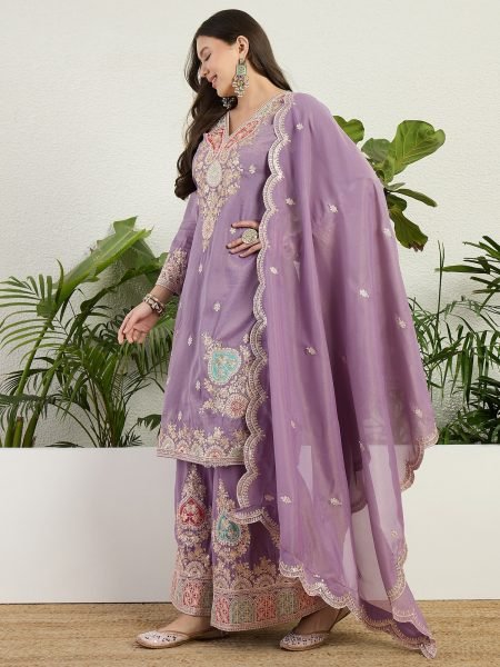 Ethnic Purple Organza Kurti Pant Dupatta Set with Elegant Embroidery Work Designer Plazzo Salwar Suits Wholesale