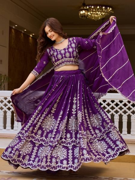 Ethnic Purple Pure Vichitra Lehenga Choli with Heavy Thread and Sequins Work  Lehenga