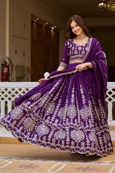 Ethnic Purple Pure Vichitra Lehenga Choli with Heavy Thread and Sequins Work Designer Lehenga Choli
