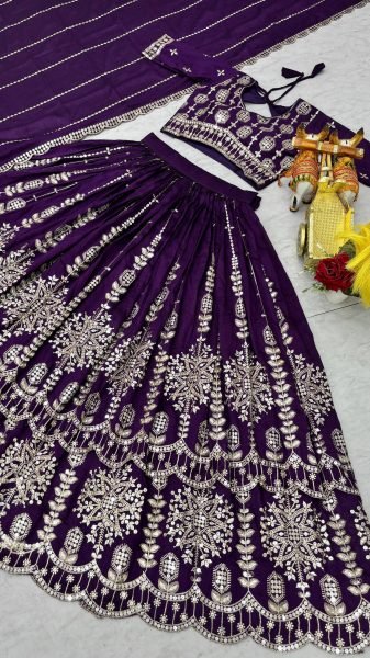 Ethnic Purple Pure Vichitra Lehenga Choli with Heavy Thread and Sequins Work Designer Lehenga Choli