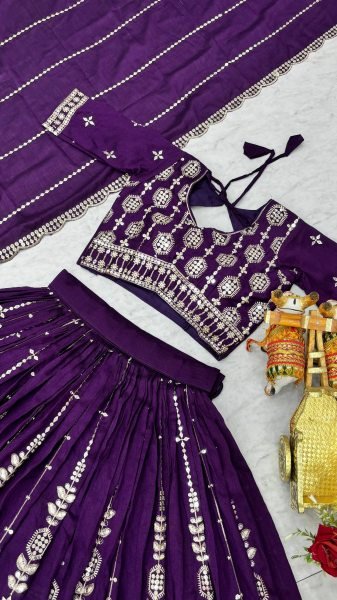 Ethnic Purple Pure Vichitra Lehenga Choli with Heavy Thread and Sequins Work Designer Lehenga Choli