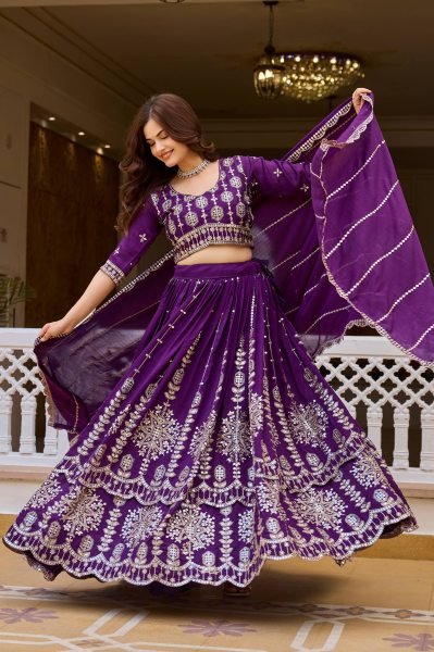 Ethnic Purple Pure Vichitra Lehenga Choli with Heavy Thread and Sequins Work Designer Lehenga Choli