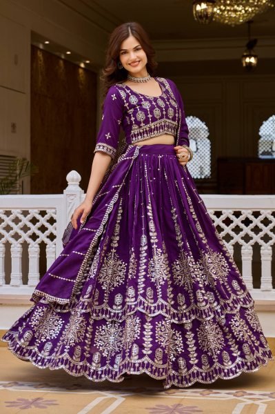 Ethnic Purple Pure Vichitra Lehenga Choli with Heavy Thread and Sequins Work Designer Lehenga Choli