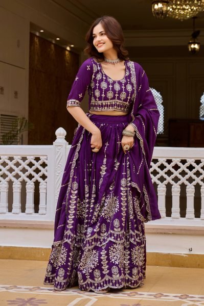 Ethnic Purple Pure Vichitra Lehenga Choli with Heavy Thread and Sequins Work Designer Lehenga Choli