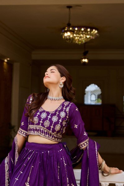 Ethnic Purple Pure Vichitra Lehenga Choli with Heavy Thread and Sequins Work Designer Lehenga Choli