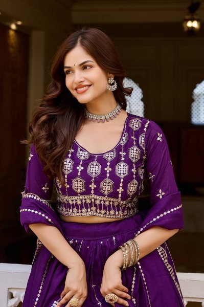 Ethnic Purple Pure Vichitra Lehenga Choli with Heavy Thread and Sequins Work Designer Lehenga Choli
