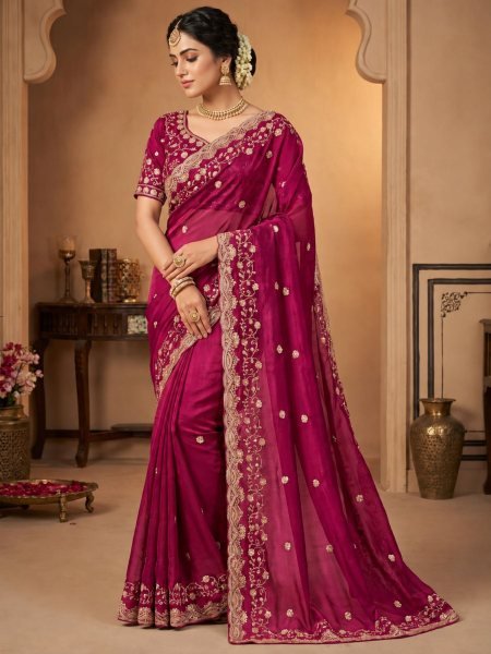 Ethnic Rani Pink Fandy Satin Silk Saree with Cut Dana C Pallu For Wedding Wear