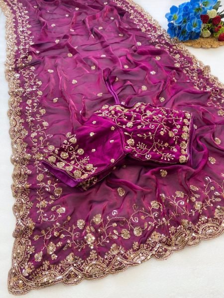 Ethnic Rani Pink Fandy Satin Silk Saree with Cut Dana C Pallu For Wedding Wear Silk Sarees Wholesale