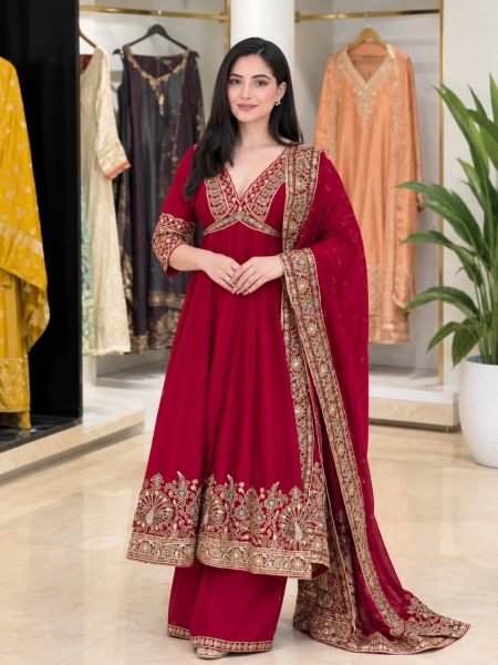 Ethnic Red Chinon Anarkali Suit with Thread Sequin and Coding Work For Festival Ready To Wear Suit