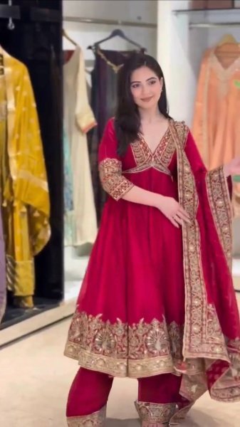 Ethnic Red Chinon Anarkali Suit with Thread Sequin and Coding Work For Festival Ready To Wear Collection