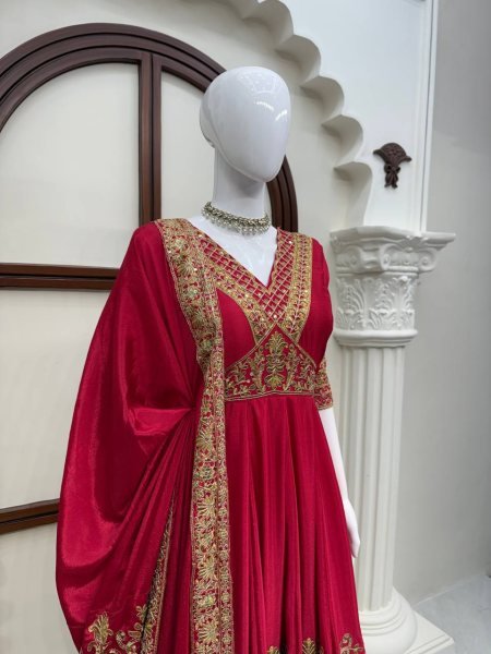 Ethnic Red Chinon Anarkali Suit with Thread Sequin and Coding Work For Festival Ready To Wear Collection