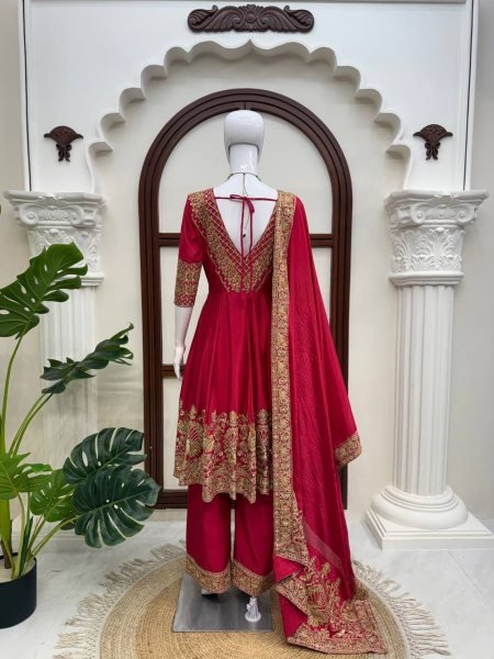 Ethnic Red Chinon Anarkali Suit with Thread Sequin and Coding Work For Festival Ready To Wear Collection