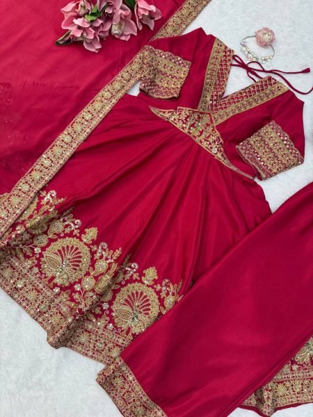 Ethnic Red Chinon Anarkali Suit with Thread Sequin and Coding Work For Festival Ready To Wear Collection