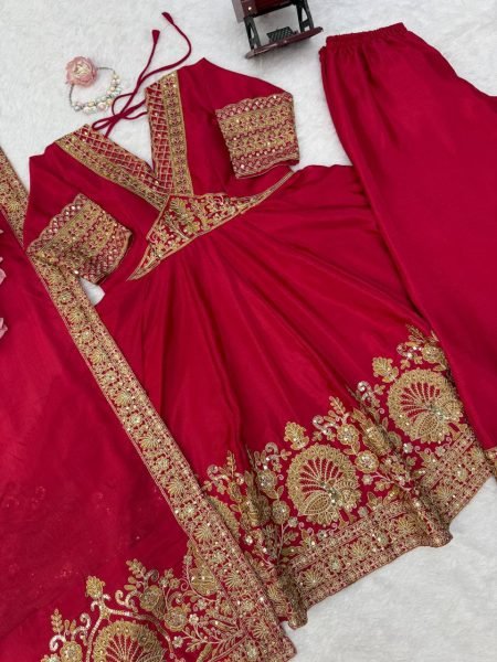 Ethnic Red Chinon Anarkali Suit with Thread Sequin and Coding Work For Festival Ready To Wear Collection