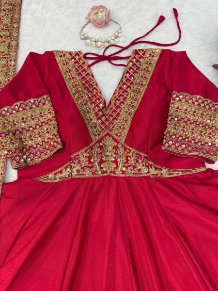 Ethnic Red Chinon Anarkali Suit with Thread Sequin and Coding Work For Festival Ready To Wear Collection