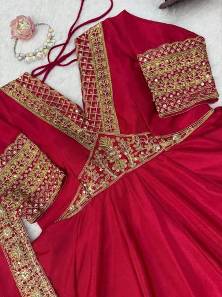 Ethnic Red Chinon Anarkali Suit with Thread Sequin and Coding Work For Festival Ready To Wear Collection