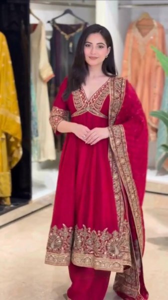 Ethnic Red Chinon Anarkali Suit with Thread Sequin and Coding Work For Festival Ready To Wear Collection