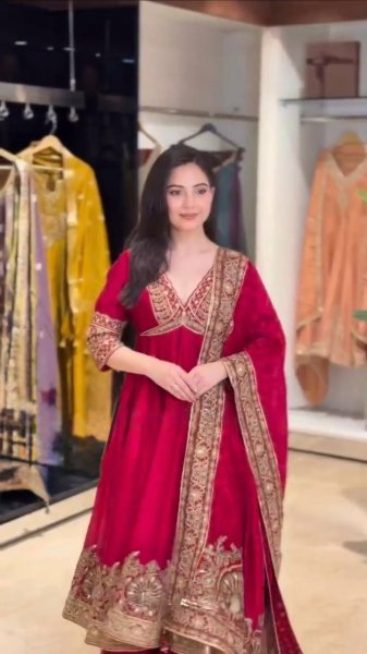 Ethnic Red Chinon Anarkali Suit with Thread Sequin and Coding Work For Festival Ready To Wear Collection